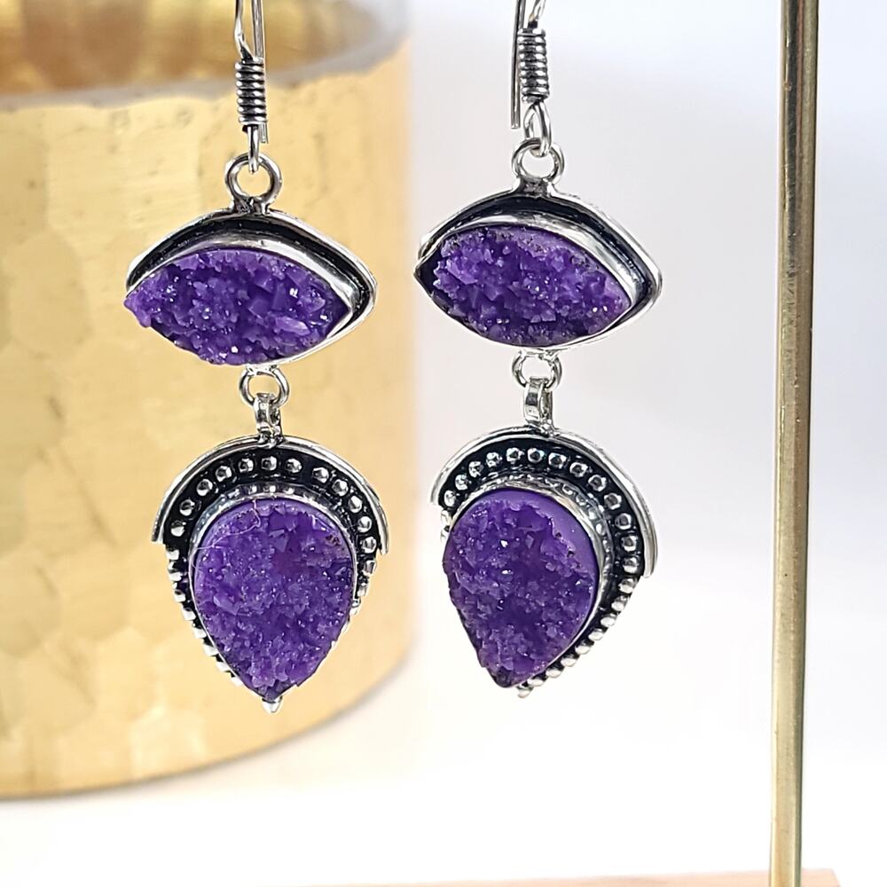 Purple Druzy Gemstone Dangle Earrings, Silver Tone Jewelry, Boho Chic Earrings